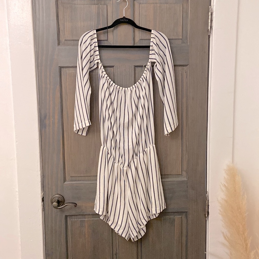 Navy Striped White Romper with Off-the-Shoulder Sleeves